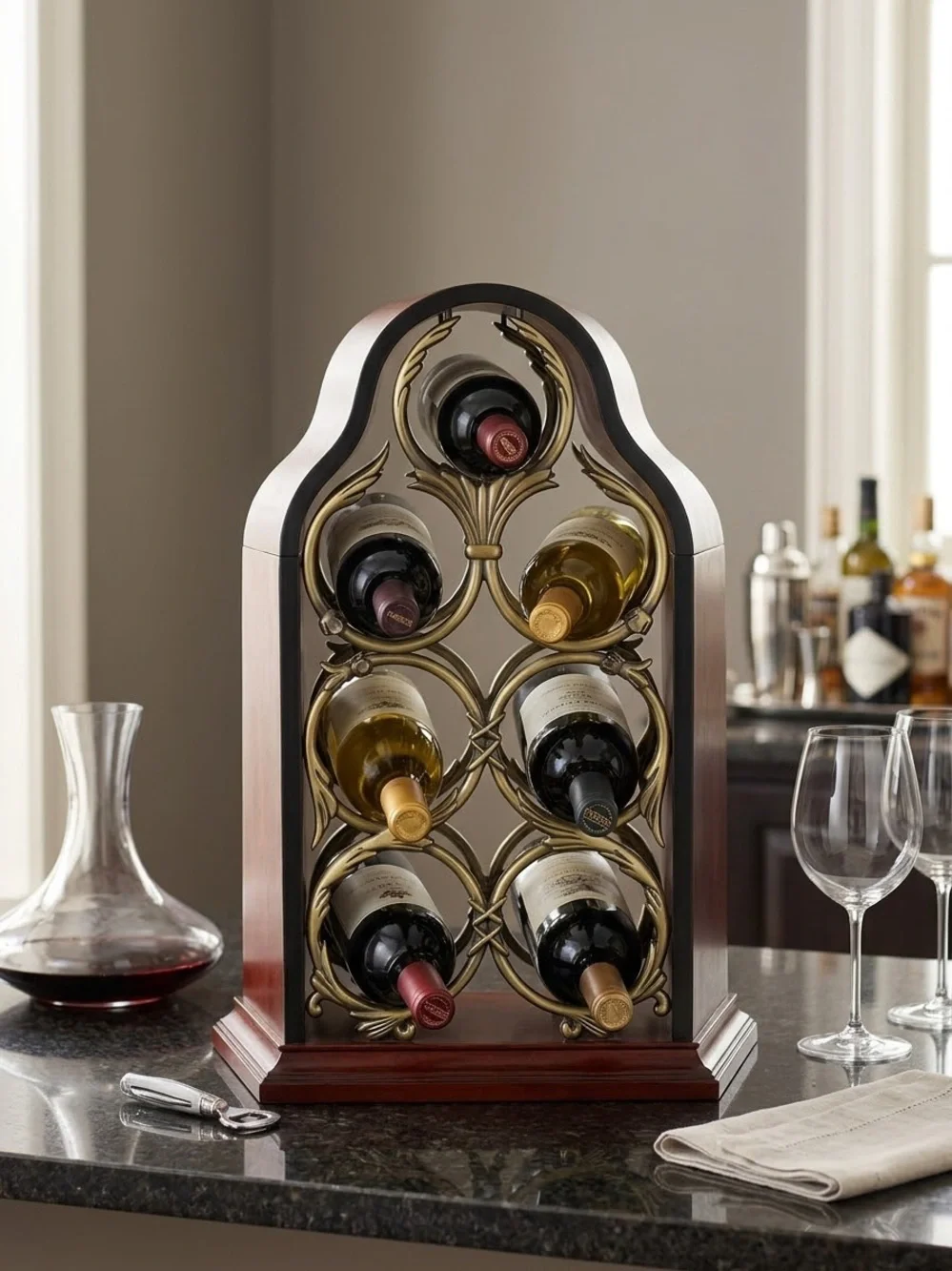 BOMBAY CO - 7 Bottle Table Top Wine Rack Vintage Cherry Wood & Brass 2000